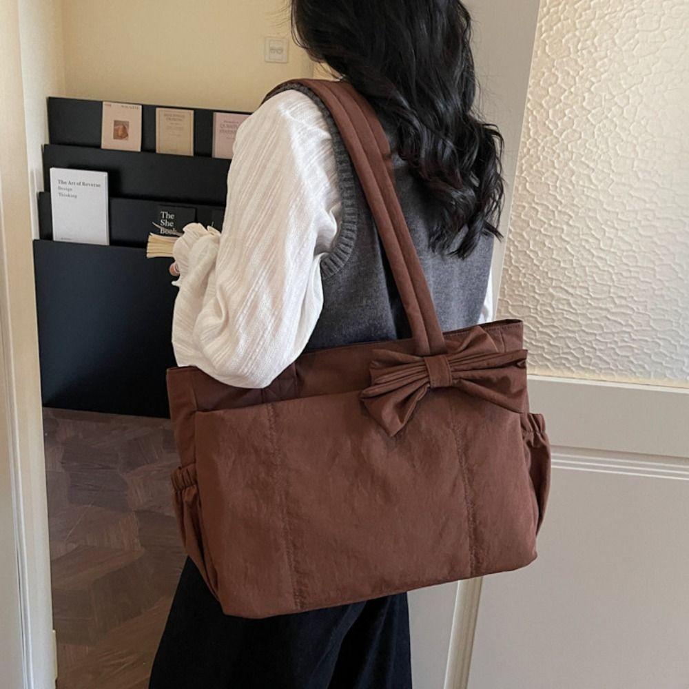 Large Capacity Cotton Padded Shoulder Bag Solid Color Nylon Handbag Bow Tote Bag Travel Bag