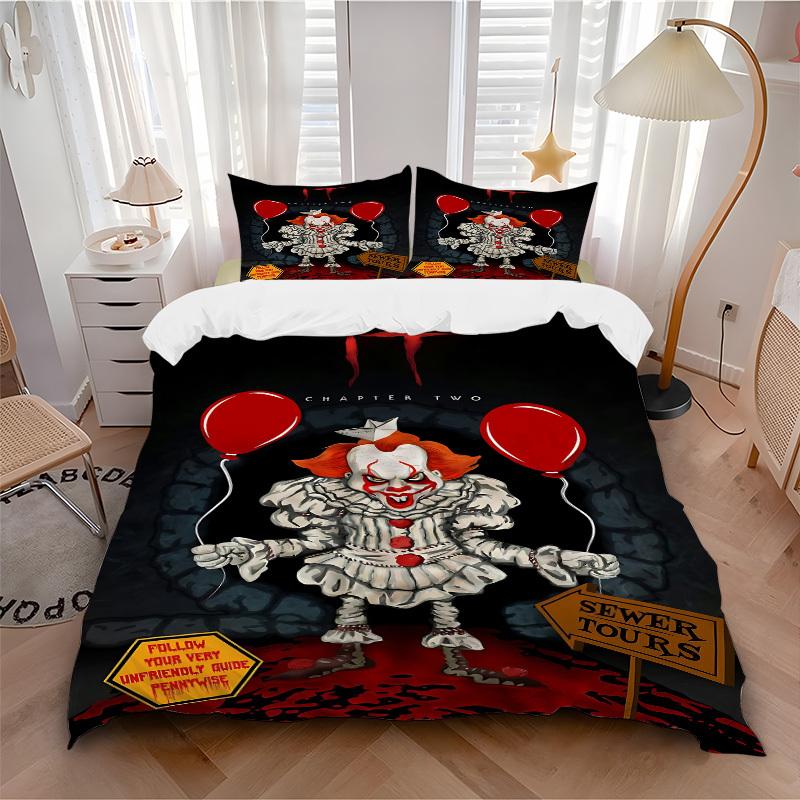 

3pcs It Clown Bedding Set, Soft Polyester Duvet Cover and Pillowcases Machine Washable Seasons all suitable 22 135x200cm