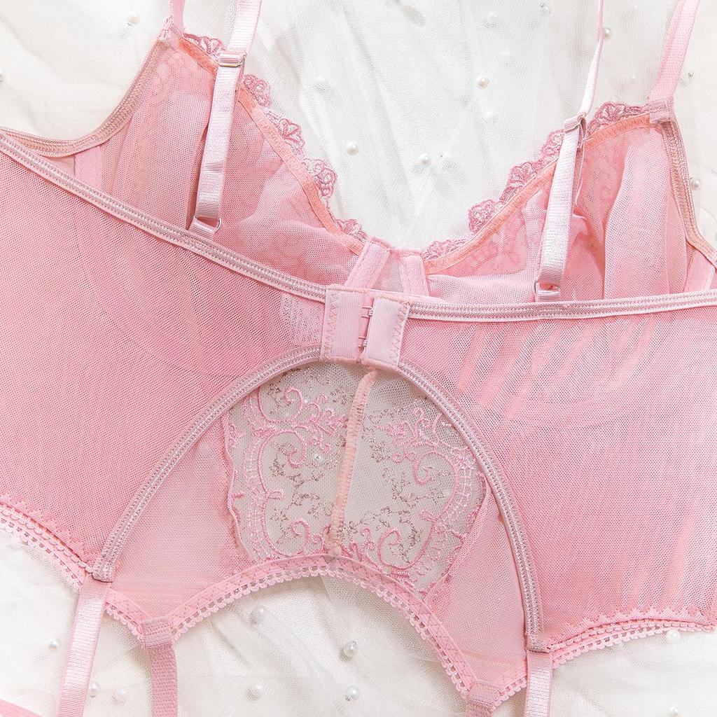 European and American Embroidered Push-up Lingerie Set - Pink, Underwire, Sexy, Comfortable, Tempting