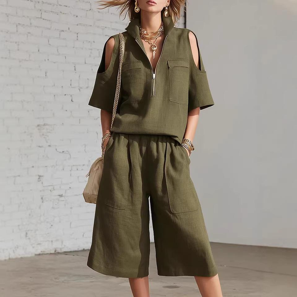 Tuta da donna senza spalline a maniche corte con colletto alla coreana e zip frontale in 5 colori