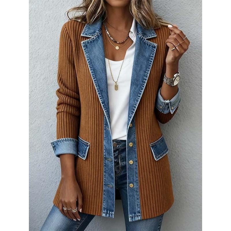 Womens Color Block Denim Jacket Long Sleeve Loose Streetwear Casual Outerwear