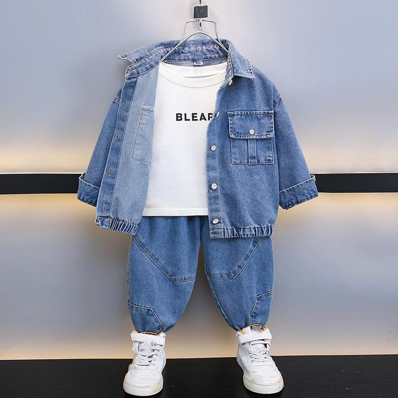 Boys Spring and Autumn Denim Suit Children's Ruffian Handsome Western Style Solid Color Two-piece Suit