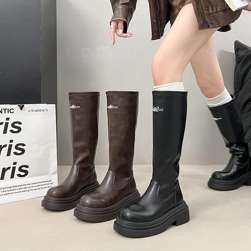 [Fanfna] Retro Style Simple Letter Boots Women's 2025 Autumn New Thick-soled High-end Knight Boots Boots Boots