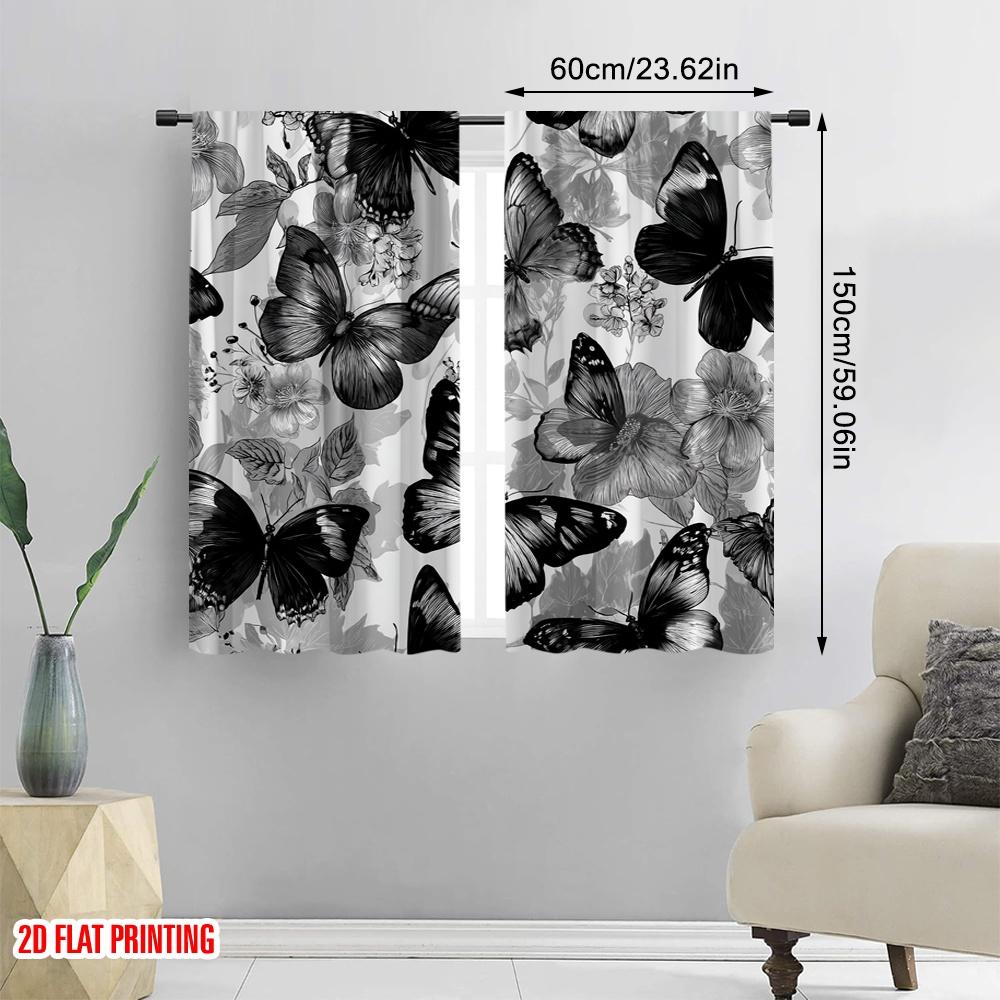 2pcs,2D Plane Printing Popular Curtain Panels Monochrome Butterflies Versatile Fabric (without Rod) Gifts for Bedroom, Living
