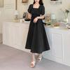 Women Summer Dress Square Neck Bubble Sleeve Pleated Shirring Elastic Bust Short Sleeve A-line Loose Hem Vintage Mic-calf Length Midi Dress