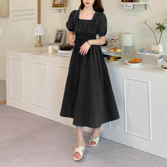 Women Summer Dress Square Neck Bubble Sleeve Pleated Shirring Elastic Bust Short Sleeve A-line Loose Hem Vintage Mic-calf Length Midi Dress