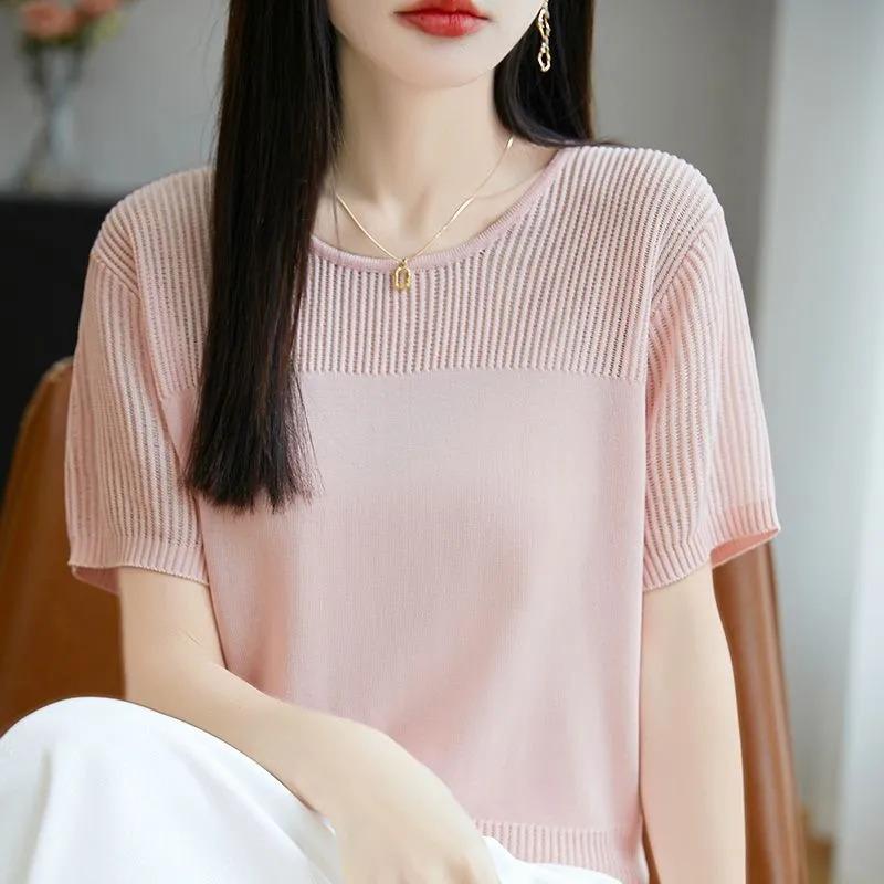 Women's Crew Neck Short Sleeve Hollow Out Knit Top