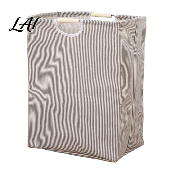 Cotton And Linen Laundry Organizer Basket with Wooden Handles Large Space Saving Bag Basket Storage Foldable for Families Collapsible Hamper