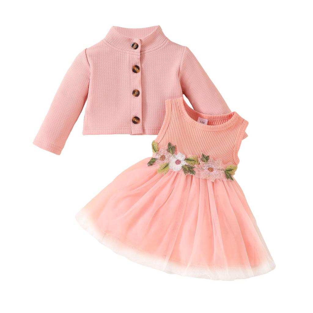 Autumn/Winter Long Sleeve Short Cardigan & Mesh Applique Dress Set with Skirt