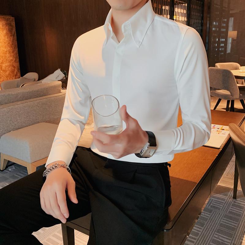 Men's Long-Sleeve Non-Iron Shirt with Hidden Placket and Big Point Collar – Korean Style, Casual Temperament