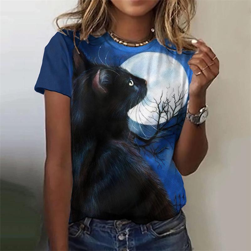 3D Printed Night Cat T-Shirt For Women Colorful Starry Sky Graphic Tees Summer Casual T Shirts Short Sleeves Round Neck Tops
