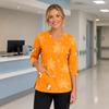 Womens V Neck Halloween Print Medical Scrub Top with Three Quarter Sleeves Side Slits and Front Pocket Nursing Uniform Shirt