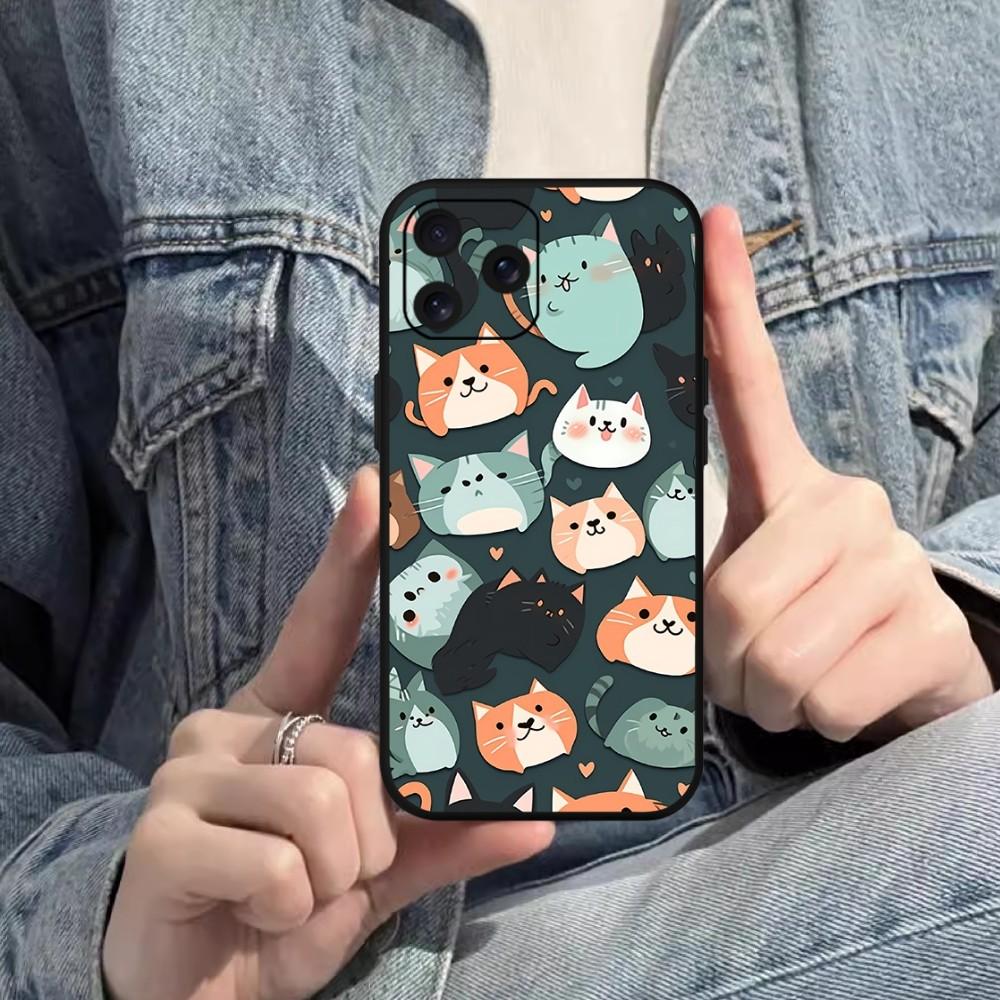 Cute Cat Cartoon Phone Case For iPhone Mini 11 12 13 14 15 Pro XS Max X Plus SE XR Black Soft Shell