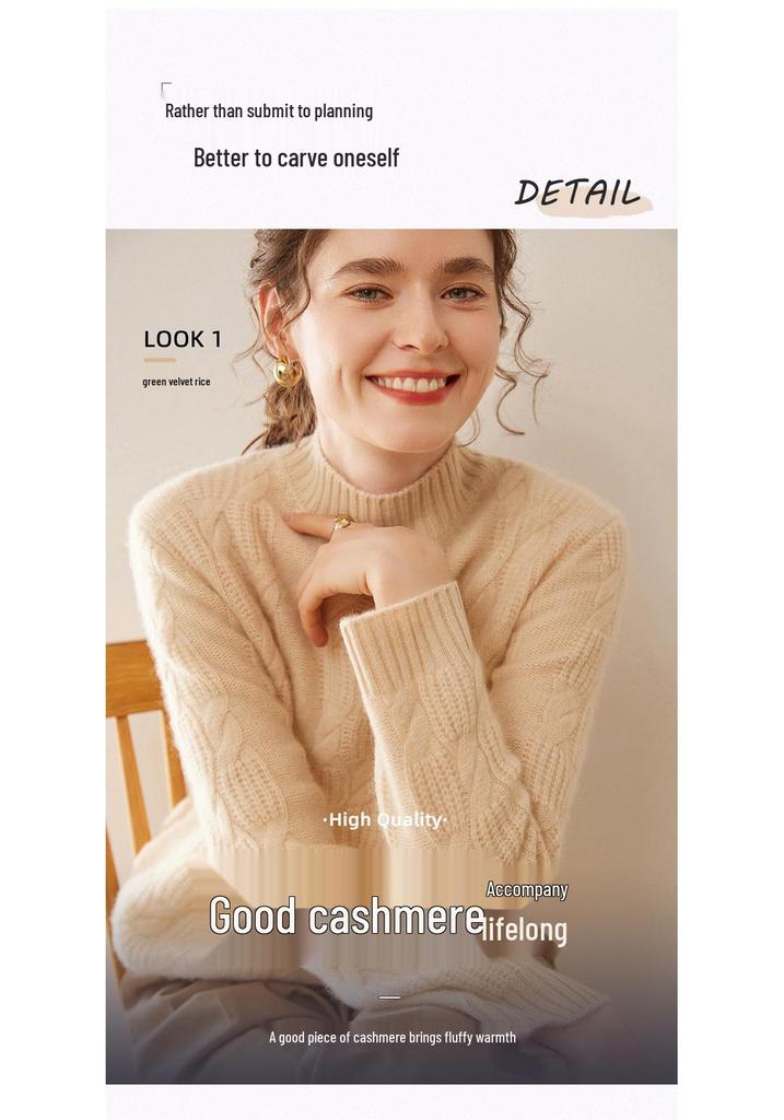 Women's Heavy Gauge Cashmere Cable Knit Sweater, Half-High Neck, Long Sleeve, Thickened Loose Pullover for Autumn Winter.