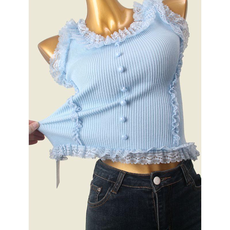 French Romantic Lace Knitting Patchwork Vest Summer Outwear U-Collar Thread Fitted Sexy Camisole