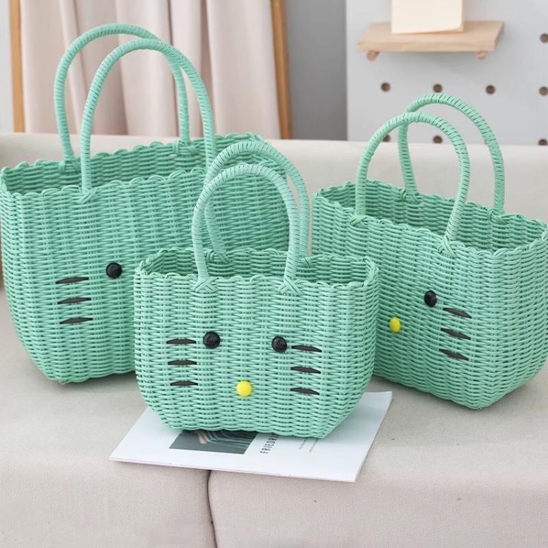 Cute Cat PVC Woven Bag Large Capacity Organizer Bath Shopping Basket Portable Baskets with Handles Beach Bag Vegetable Basket