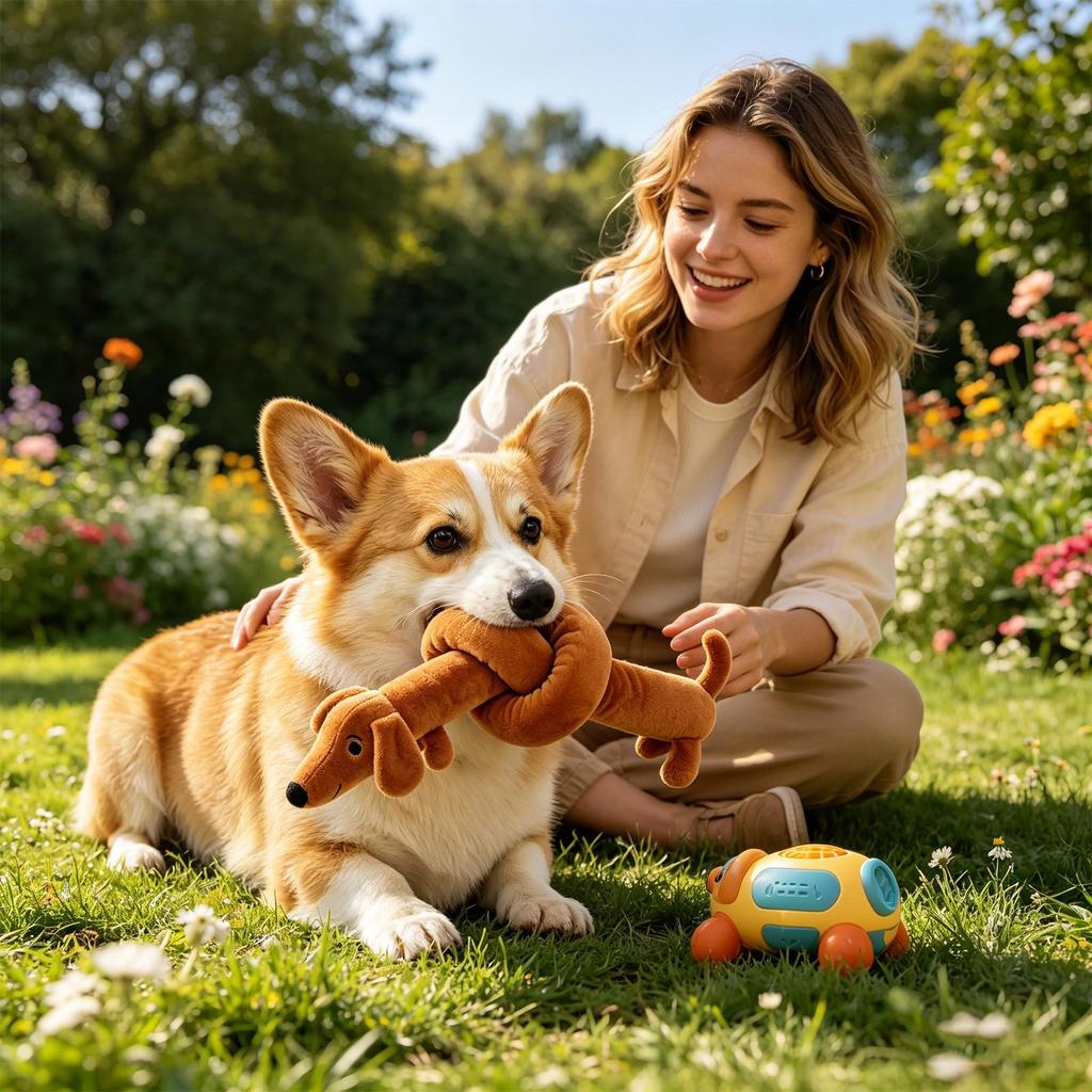 Quietschende Hundespielzeuge Dackelform Interaktiver Weicher Begleiter Hundekaupielzeug für Indoor-Spiel Training Zahnen Langeweile Linderung