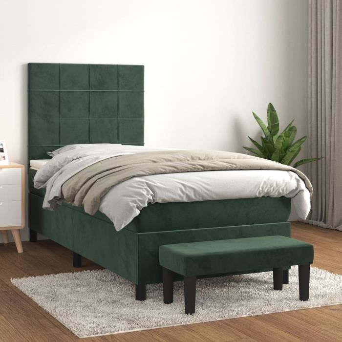 3137830 vidaXL Lit à sommier tapissier avec matelas Vert foncé 100x200 cm