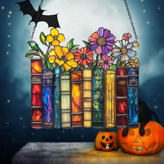 Halloween Suncatcher Stained Glass Window Hanging Sun Catcher Acrylic Ghost Plant Bookshelf Decoration for Window Wall Art Decor