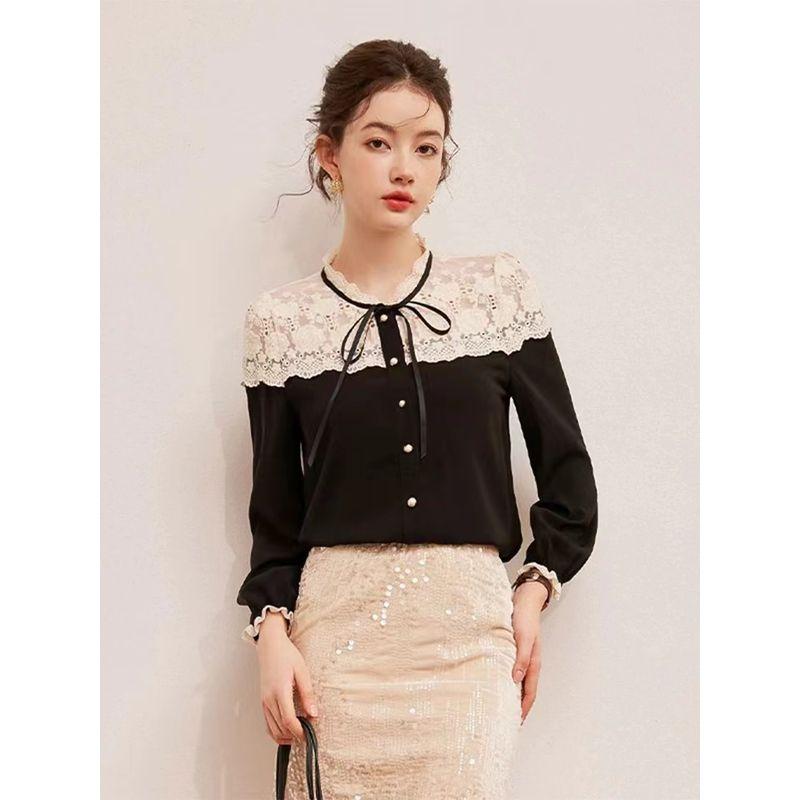 

Beautiful Fan Stitched Pattern Lace Stitching Fake Two Pieces Lead Long sleeve Shirts! Women Poplin Silk Pullover Bottoming Shirt Black L