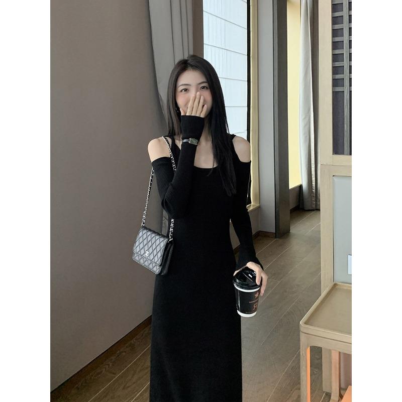 Autumn Women's Clothing New Gentle Wind Long Dress with Thin Backing Purple Knitted Long-sleeved Dress