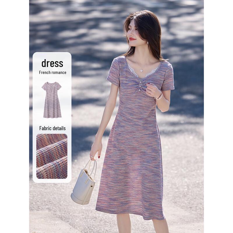 Women s French Romantic V-Neck Knit Dress L