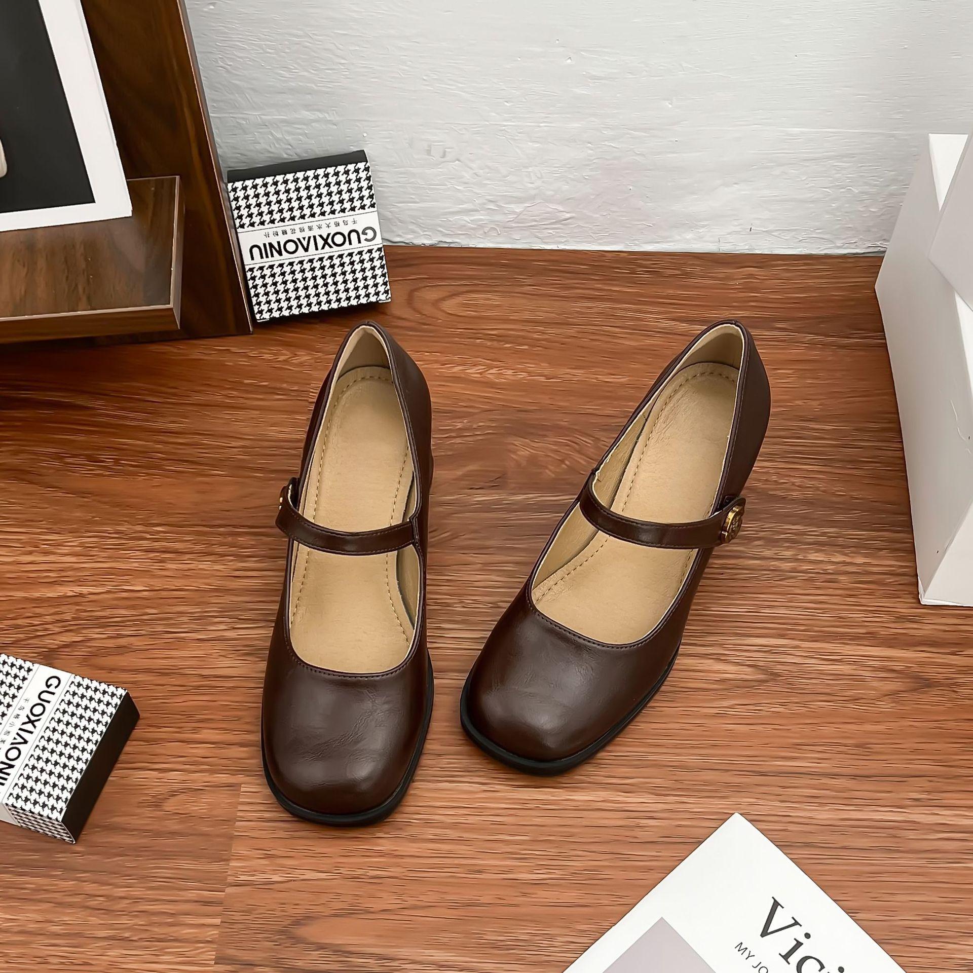 

2025 high heels women s thick heel premium French retro single shoes women s camellia waterproof table comfortable soft sole women s shoes 40 коричневый