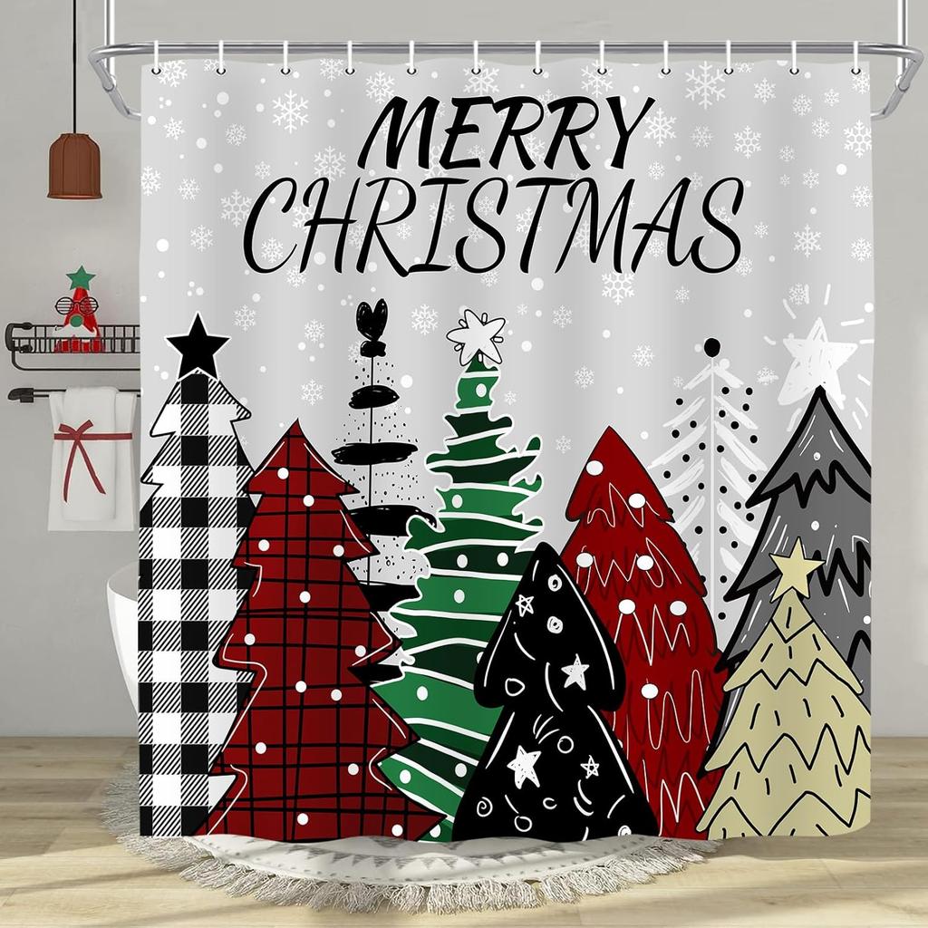 Christmas Tree Shower Curtain, Winter Colorful Cartoon Xmas Tree Cute New Year Bath Curtain Decor, Waterproof Bathroom Accessory