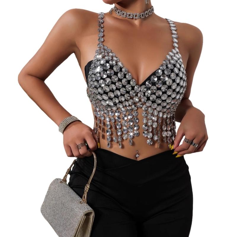Women Acrylic Crystal Tassels Body Chain Sparkling Body Jewelry Backless Crop Tanks Top for Music Festival Party Outfit
