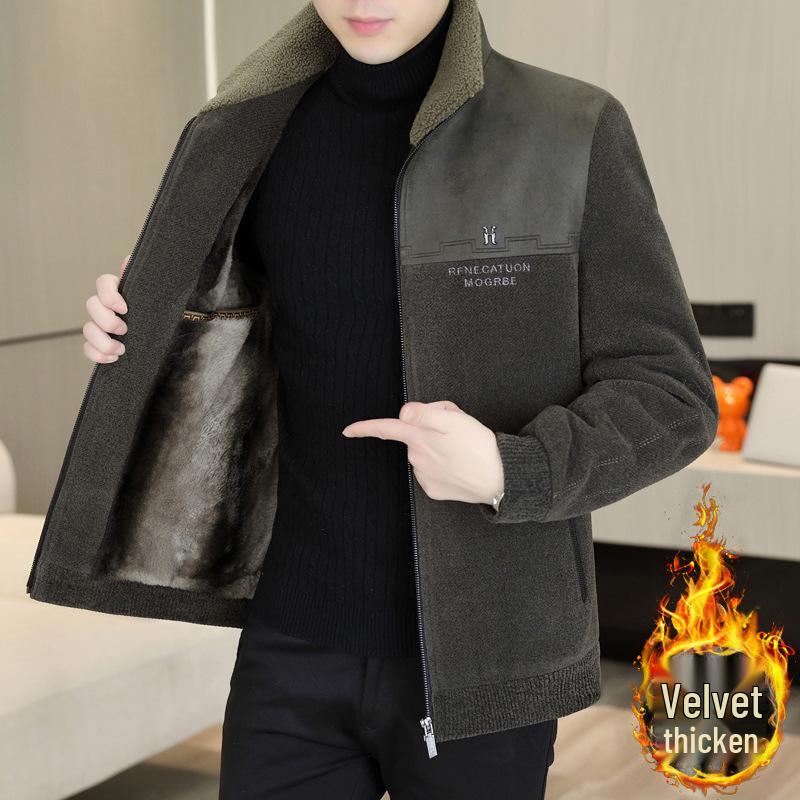 Men s Winter Thick Velvet Woolen Stand Collar Suede Jacket 2XL