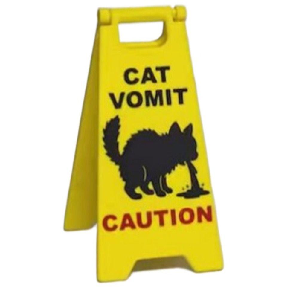 Funny Mini Cat Poop Signs ABS Bright Yellow Caution Overstimulated Desk Sign Cat Vomit Signs Ornaments Humorous Cat Decor