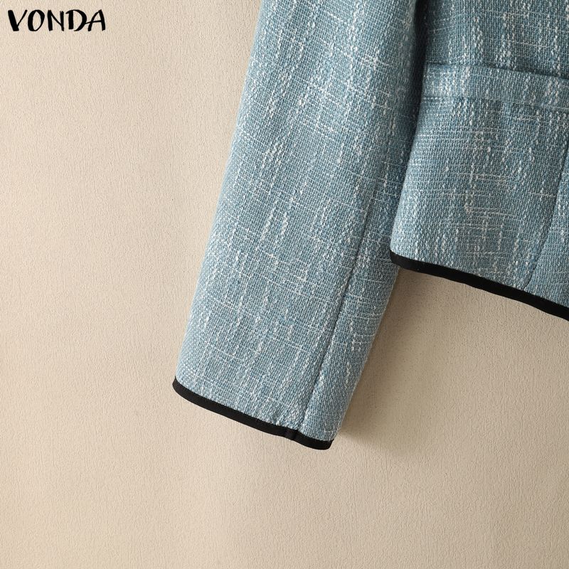 VONDA Women Elegant Long Sleeve O Neck Contrast Trim Peplum Blazer Cardigan