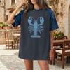 Women Casual Denim Patchwork Short Sleeve T Shirt Summer Spring Fashion Comfortable Loose Fit Crew Neck Top with Lobster Print