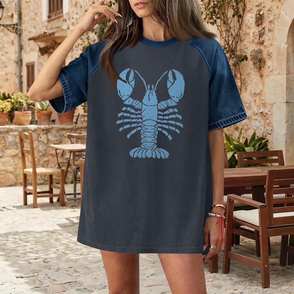 Women Casual Denim Patchwork Short Sleeve T Shirt Summer Spring Fashion Comfortable Loose Fit Crew Neck Top with Lobster Print