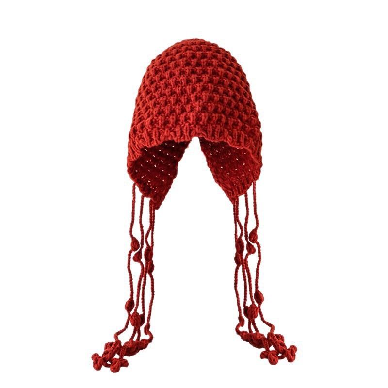 New Wool Knitted Hat Children Travel Versatile Tassel Wear Cover Cold Hat Red Retro Bag Head Hat