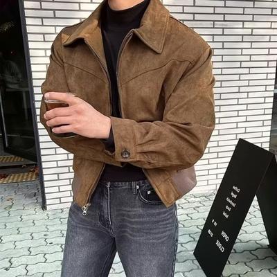 Herren Jacke Revers Langarm Reißverschluss Design Jacke Mantel mit Taschen Einfarbig