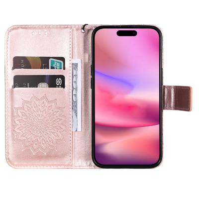 For iPhone 16 Plus Phone Case Sunflower Imprinted Leather Wallet Stand Cover with Strap