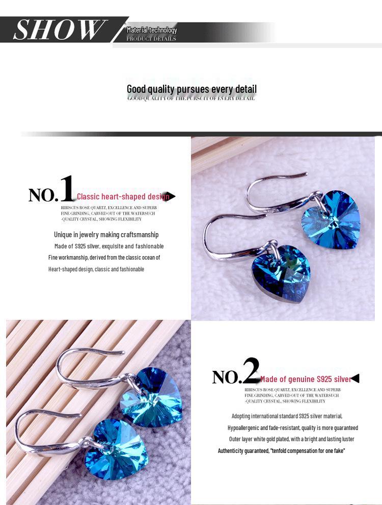 Korean Ocean Heart Blue Crystal S925 Silver Women's Earrings