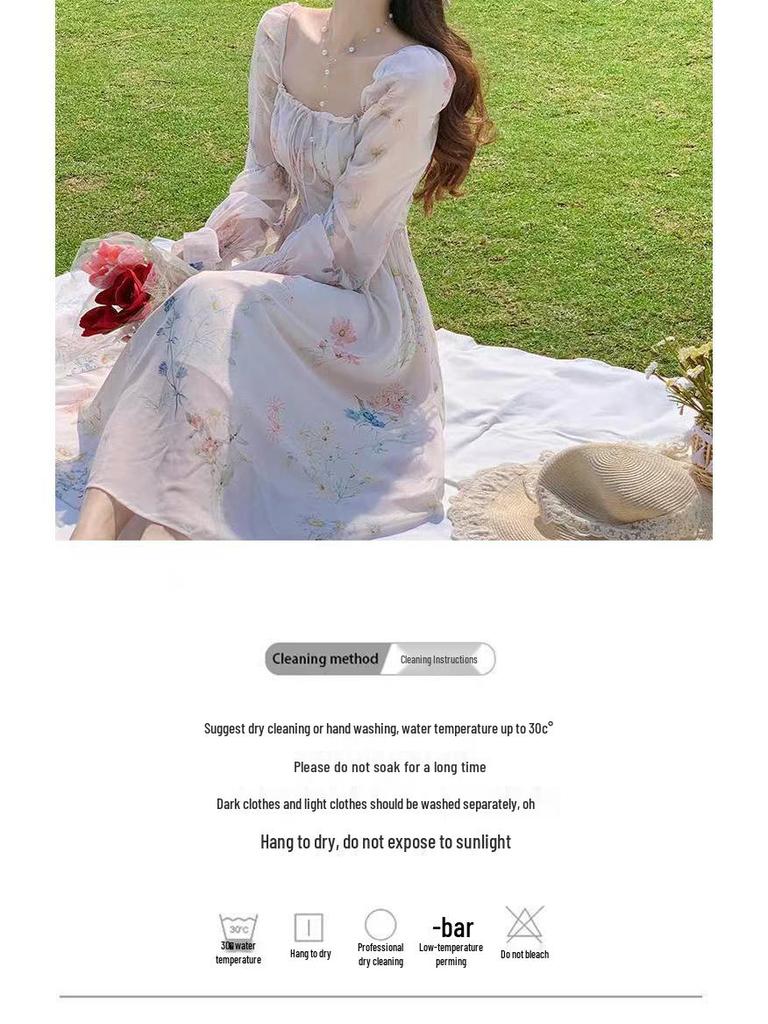 2025 Floral Chiffon Tea Dress: Sweet Long Sleeve French Princess Style