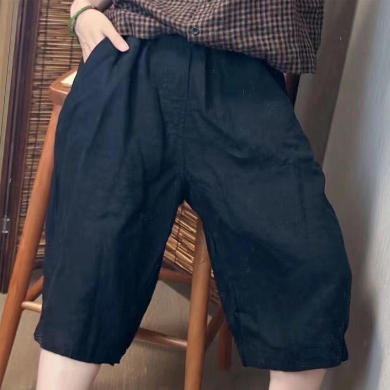 Pantalones cortos de lino y algodón de cintura alta para mujer - Verano Casual Color sólido Pierna ancha Pantalones de cinco puntos