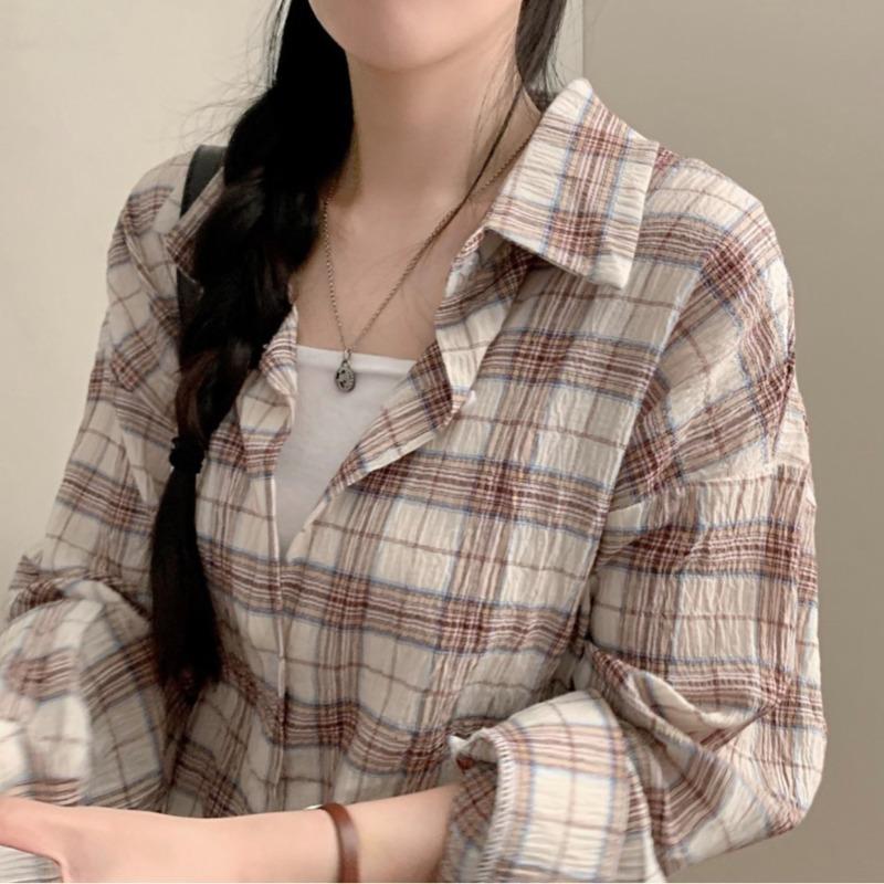 Korean Version Versatile Checkered Loose Shirt for Women Autumn Retro Long Sleeved Shirt Top