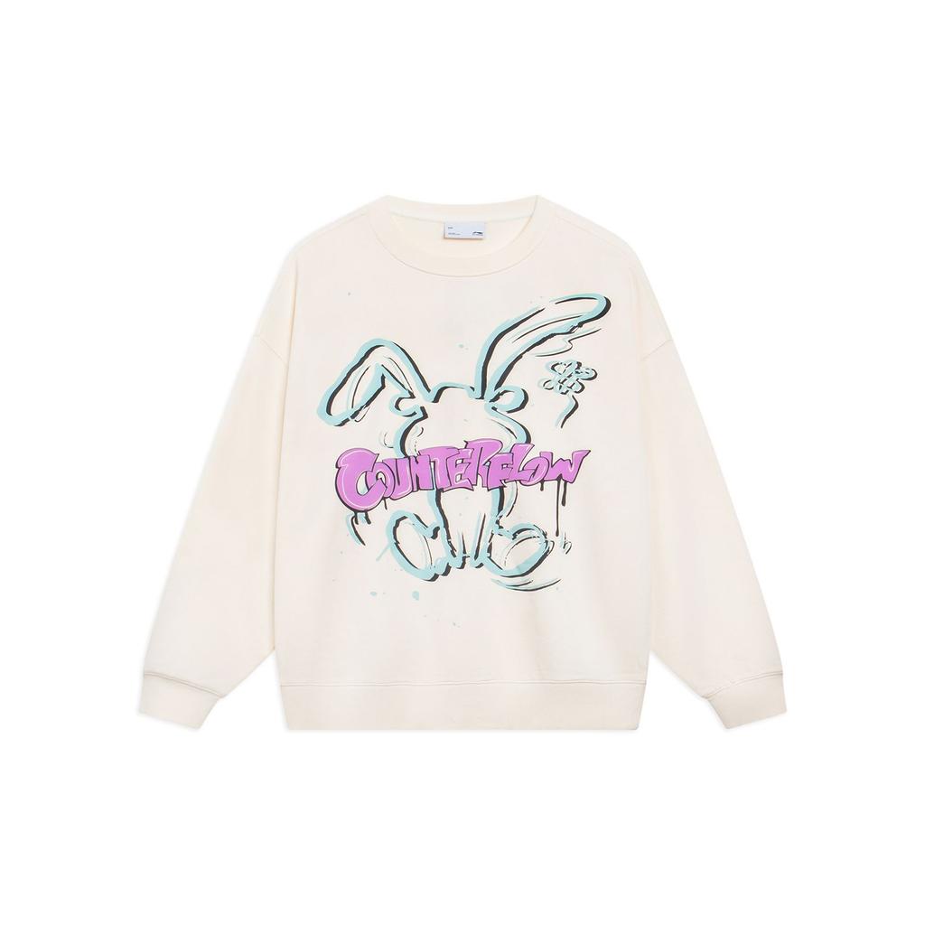 Li-Ning Cartoon Rabbit Graphic Casual Pullover Sweatshirt Unisex Tops Off-White AWDT527-1
