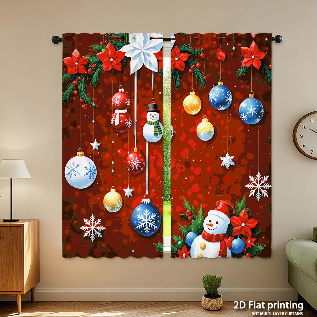 Piece Set High Definition Digital Printed Curtainsred Background Christmas Ornaments Snowman Festive Holiday Decorhome Deco Curtain Made Of Polyester