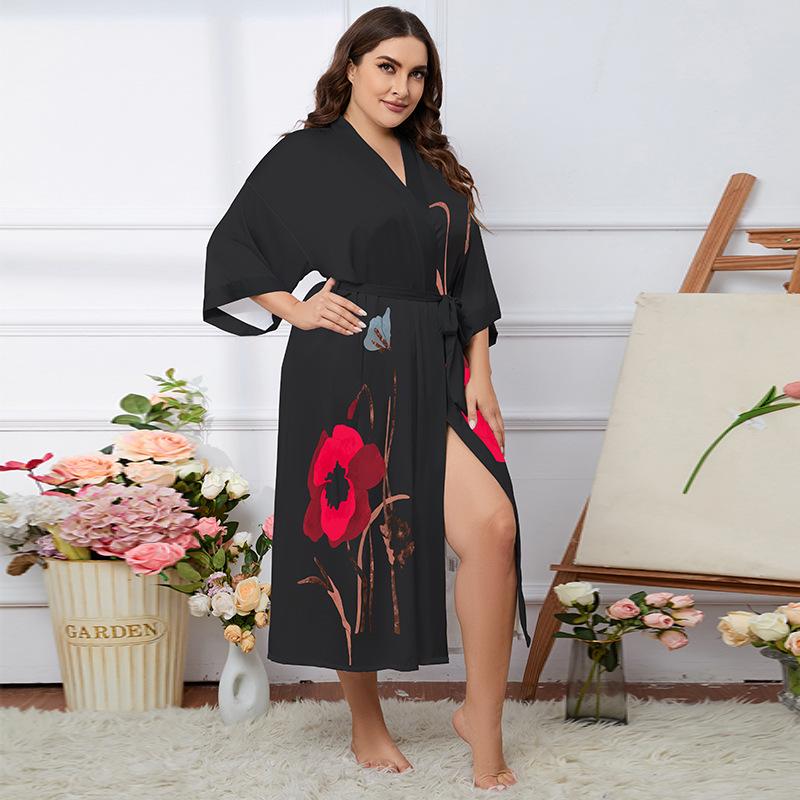 Übergröße Satin Sommer Pyjama & Bademantel Set für Damen - Leichter Luxus Eisseide