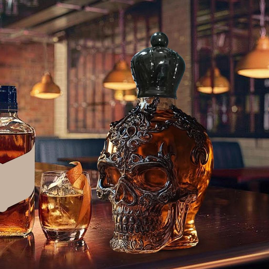 Whiskey Bottle Skull Decor Alcohol Dispenser Skeleton Whiskey Wine Bottle Sculpture for Bourbon Vodka Brandy Party Birthday