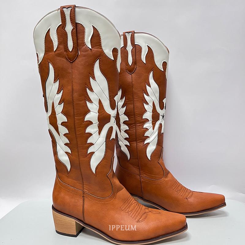 Fashion IPPEUM Western Cowboy Boots For Women Firebird Embroidery Leather Knee High Boot Country Western Brown Cowgirl Shoes Plus Size44