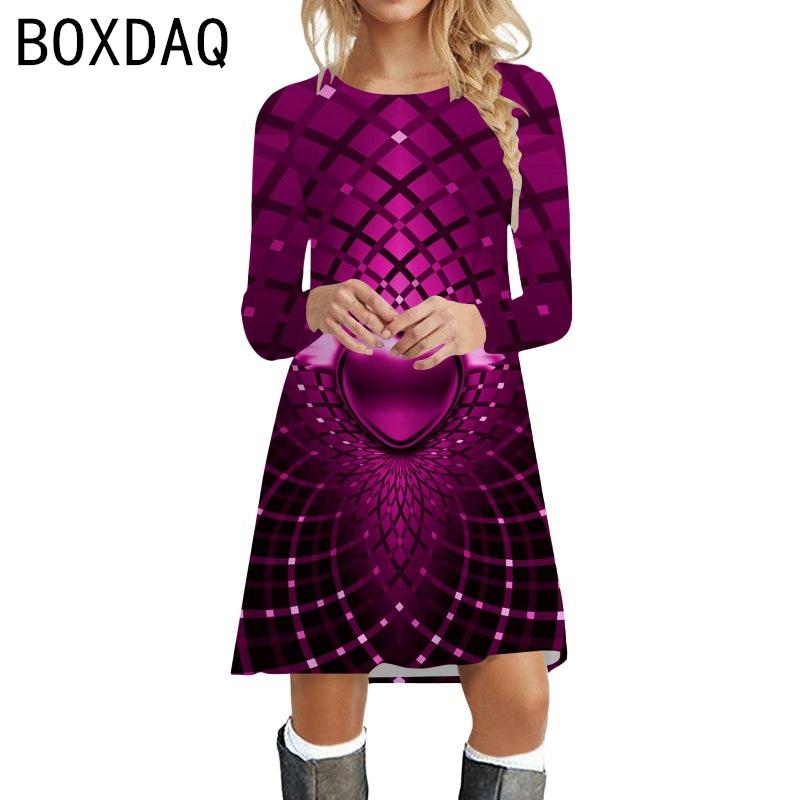 New Valentine's Day Style Dress 3D Colorful Heart-shaped Printed Dress Fashion Lady Spring Long Sleeve O-Neck Casual Dress