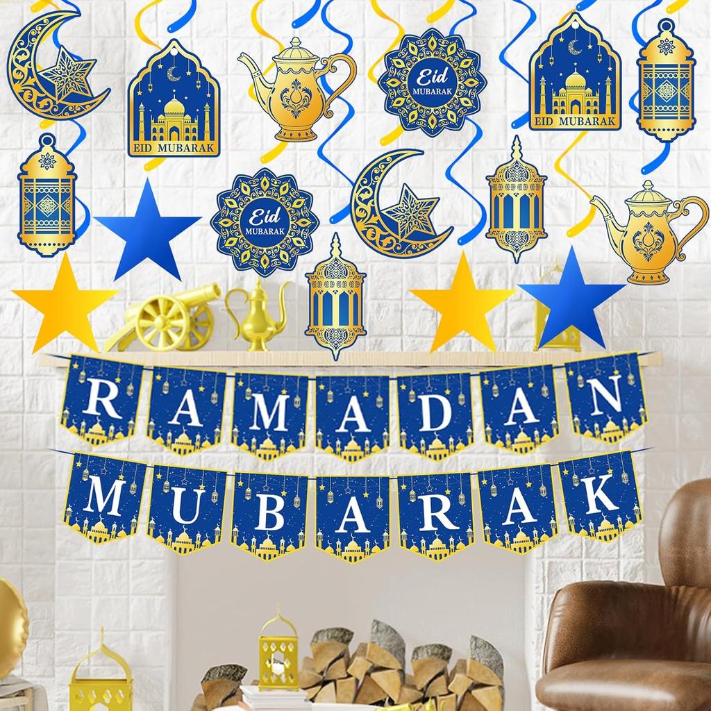 34Pcs Ramadan Decorations Pre-Assembled Mubarak Eid Kareem Muslim Banner Hanging Swirls Garland Decor Party Supplies Ramadan Decorations for Home