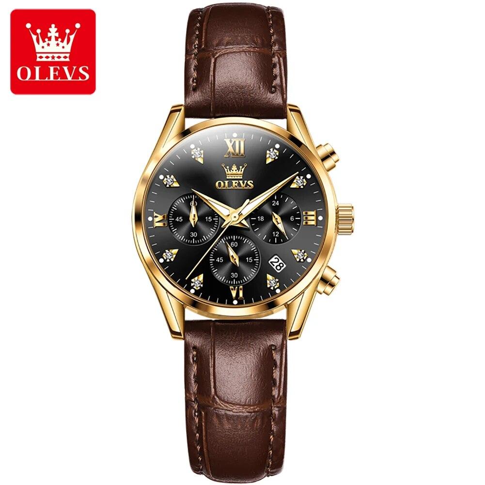 OLEVS 5523 Chronograph Quartz Wristwatches for Women Leather Strap Waterproof Luminous Classic Elegant Luxury Brand Woman Watch