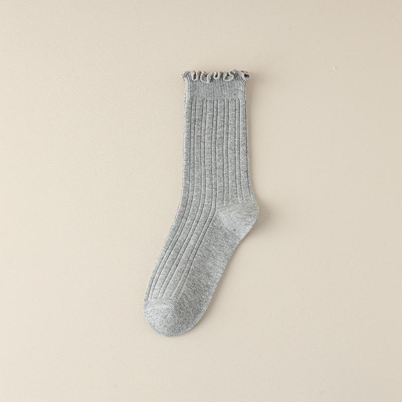 Boneless Socks, Women's Summer Breathable Cotton Socks, Solid Color Mid-calf Socks, Black Fungus Lace, Spring and Autumn Pile Socks
